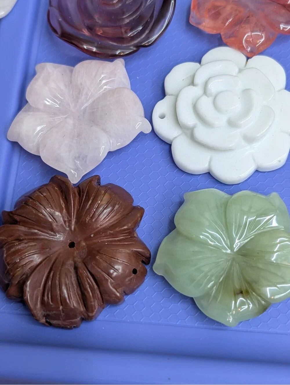 Vintage Carved Gemstone & Resin Flower Beads 37 Piece Bead Lot Opalite Quartz